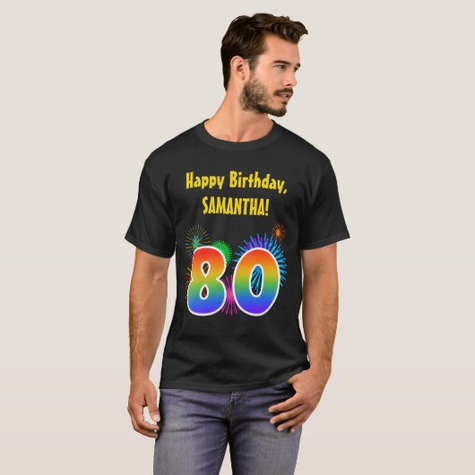 おもしろい花火+レインボーパターン「80」誕生日番号 Tシャツ (正面フル)