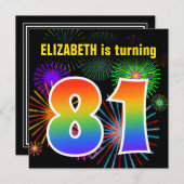 おもしろい花火+レインボーパターン「81」誕生日番号 招待状 (正面/裏面)