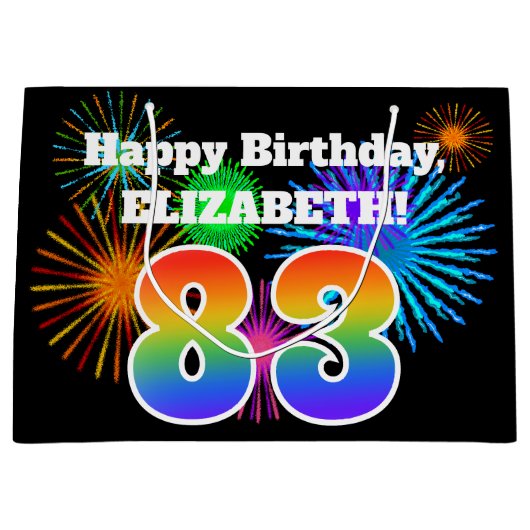 おもしろい花火+レインボーパターン「83」誕生日番号 ラージペーパーバッグ (正面)