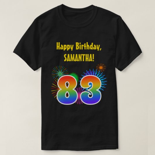 おもしろい花火+レインボーパターン「83」誕生日番号 Tシャツ (デザイン正面)