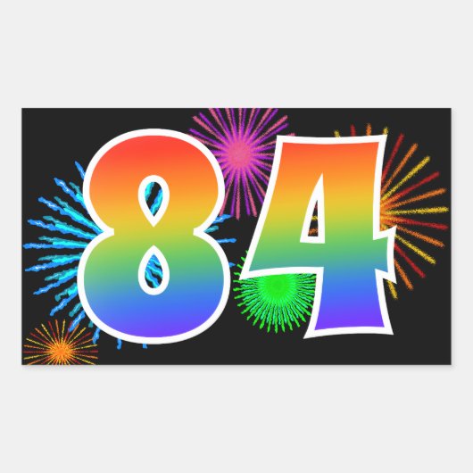 おもしろい花火+レインボーパターン"84"イベント番号 長方形シール (正面)
