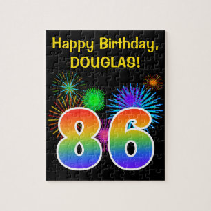 おもしろい花火+レインボーパターン「86」誕生日番号 ジグソーパズル