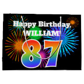 おもしろい花火+レインボーパターン「87」誕生日番号 ラージペーパーバッグ (裏面)