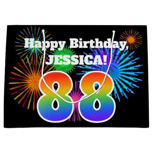 おもしろい花火+レインボーパターン「88」誕生日番号 ラージペーパーバッグ (正面)