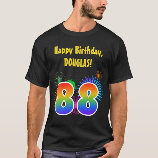 おもしろい花火+レインボーパターン「88」誕生日番号 Tシャツ (正面)