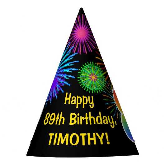 おもしろい花火+レインボーパターン「89」誕生日番号 パーティーハット (正面)