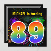 おもしろい花火+レインボーパターン「89」誕生日番号 招待状 (正面/裏面)