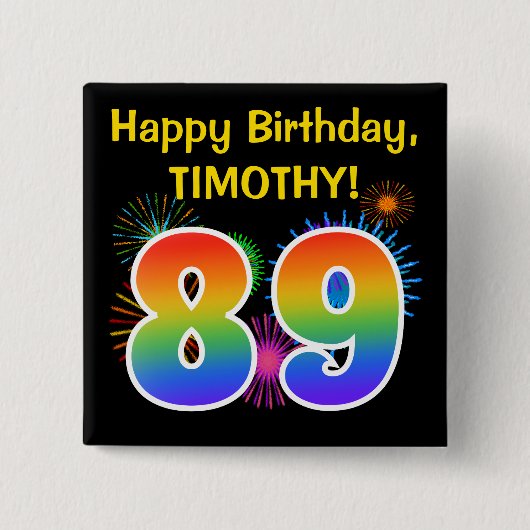 おもしろい花火+レインボーパターン「89」誕生日番号 缶バッジ (正面)