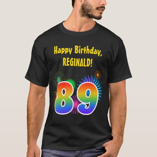おもしろい花火+レインボーパターン「89」誕生日番号 Tシャツ (正面)