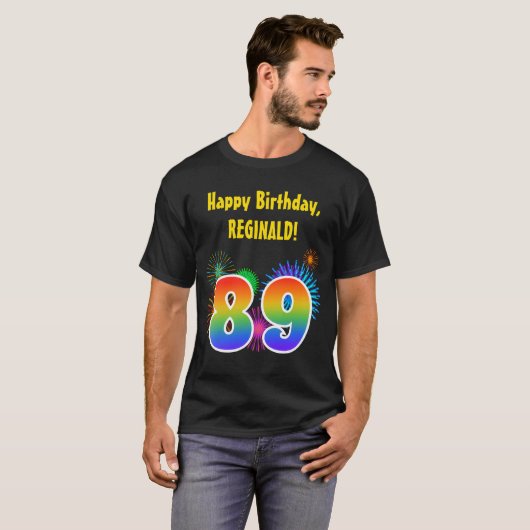 おもしろい花火+レインボーパターン「89」誕生日番号 Tシャツ (正面フル)