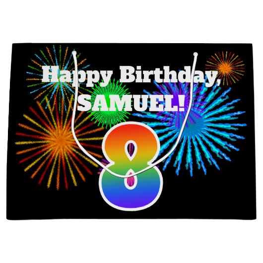 おもしろい花火+レインボーパターン「8」誕生日番号 ラージペーパーバッグ (正面)