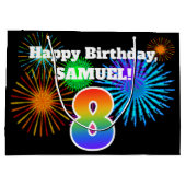 おもしろい花火+レインボーパターン「8」誕生日番号 ラージペーパーバッグ (裏面)