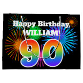 おもしろい花火+レインボーパターン「90」誕生日番号 ラージペーパーバッグ (裏面)