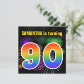 おもしろい花火+レインボーパターン「90」誕生日番号 招待状 (スタンド正面)