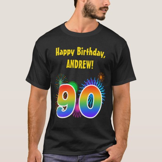 おもしろい花火+レインボーパターン「90」誕生日番号 Tシャツ (正面)