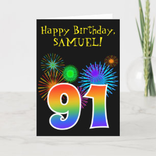 おもしろい花火+レインボーパターン「91」誕生日番号 カード