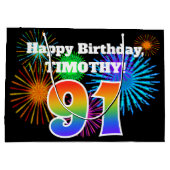 おもしろい花火+レインボーパターン「91」誕生日番号 ラージペーパーバッグ (裏面)