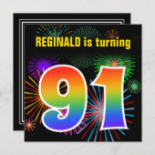 おもしろい花火+レインボーパターン「91」誕生日番号 招待状 (正面/裏面)