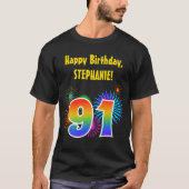 おもしろい花火+レインボーパターン「91」誕生日番号 Tシャツ (正面)
