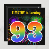 おもしろい花火+レインボーパターン「93」誕生日番号 招待状 (正面/裏面)