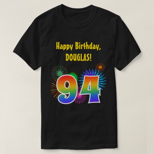 おもしろい花火+レインボーパターン「94」誕生日番号 Tシャツ (デザイン正面)