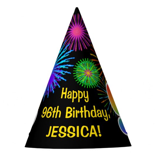 おもしろい花火+レインボーパターン「96」誕生日番号 パーティーハット (正面)