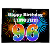 おもしろい花火+レインボーパターン「96」誕生日番号 ラージペーパーバッグ (裏面)