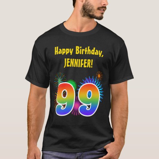 おもしろい花火+レインボーパターン「99」誕生日番号 Tシャツ (正面)