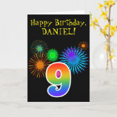 おもしろい花火+レインボーパターン「9」誕生日番号 カード (黄色い花)