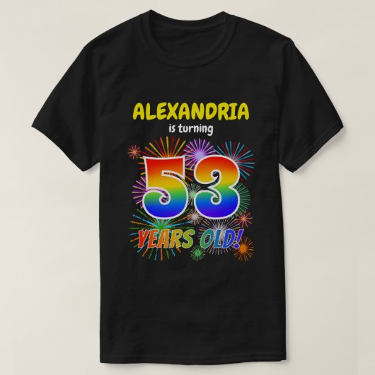 おもしろい花火、レインボールック"53"、53誕生日 Tシャツ (デザイン正面)