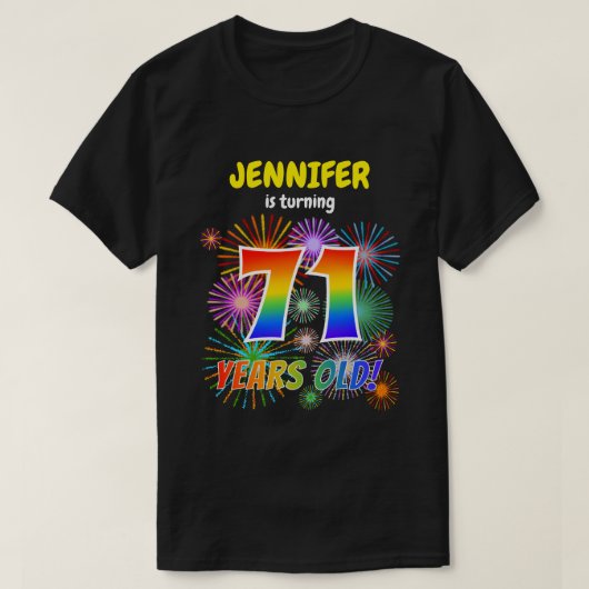 おもしろい花火、レインボールック"71"、71誕生日 Tシャツ (デザイン正面)
