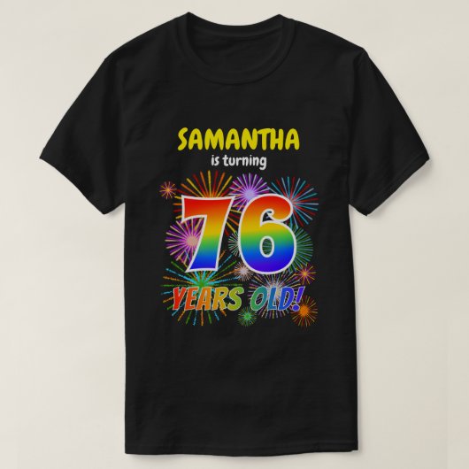 おもしろい花火、レインボールック"76"、76誕生日 Tシャツ (デザイン正面)