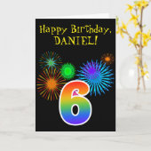 おもしろい花火+虹の模様"6"誕生日# カード (黄色い花)