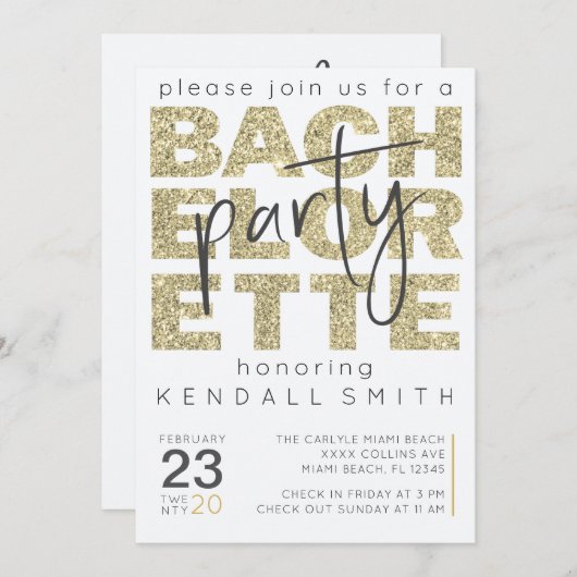 おもしろい華やかな金ゴールド輝きバチェロレッテ 招待状 (正面/裏面)