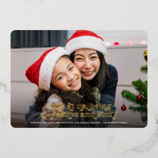 おもしろい見るUs Christmas Full Photo |緑 箔シーズンカード (正面)