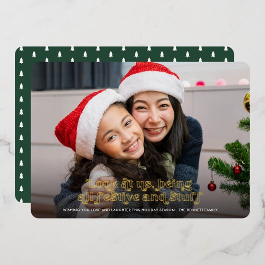 おもしろい見るUs Christmas Full Photo |緑 箔シーズンカード (正面/裏面)