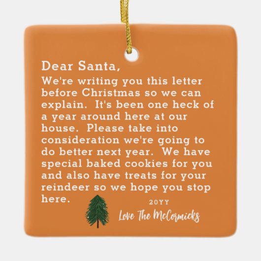 おもしろい親愛サンタレターファミリーパーソナライズされた セラミックオーナメント (正面)