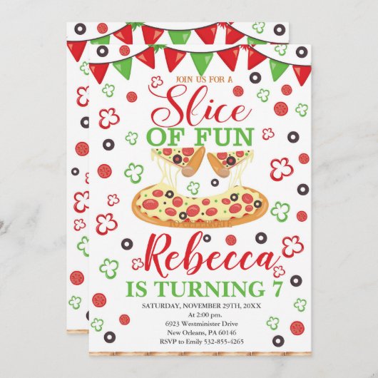 おもしろい誕生日のスライス,ピザバースデーパーティー 招待状 (正面/裏面)