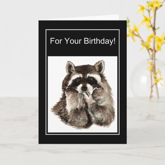 おもしろい誕生日ウォーターカラーラクーン吹ズキス カード (黄色い花)