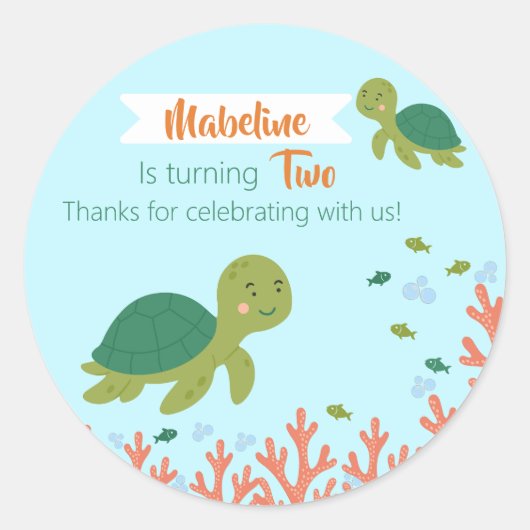 おもしろい誕生日ウミガメ&コーラルリーフ ラウンドシール (正面)