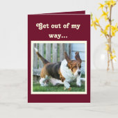 おもしろい誕生日カード/かわいいバセットハウンドとケーキ カード (黄色い花)