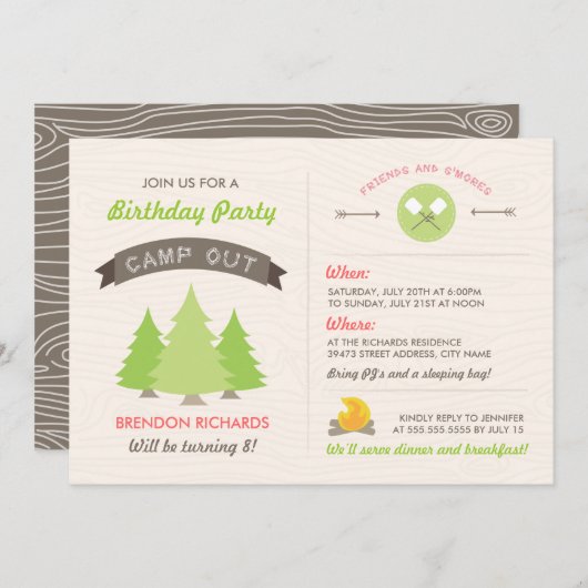 おもしろい誕生日キャンプアウト招待状 招待状 (正面/裏面)