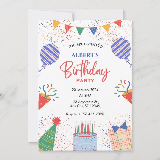 おもしろい誕生日パーティー色鮮やかな風船 招待状 (正面)