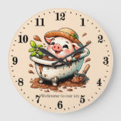 おもしろい豚スティ追加文字バスルーム ラージ壁時計 (正面)