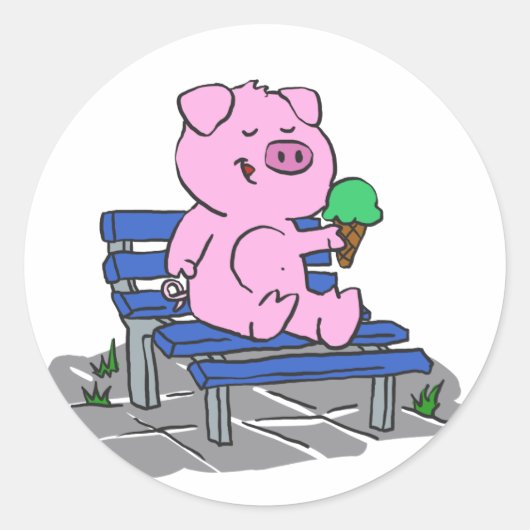 おもしろい豚食べアイスクリーム |背景色 ラウンドシール (正面)