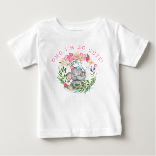おもしろい象OMGので、かわいい文字花模様ピンクの女の子 ベビーTシャツ