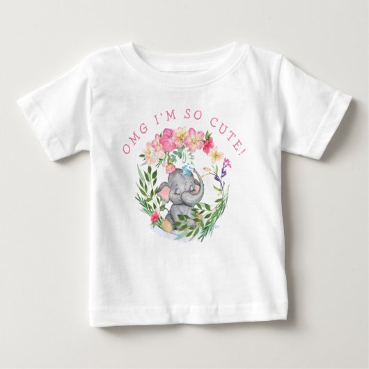おもしろい象OMGので、かわいい文字花模様ピンクの女の子 ベビーTシャツ (正面)