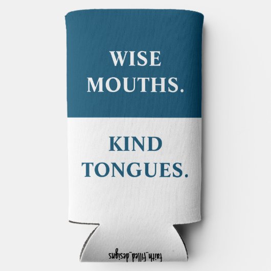 「おもしろい賢い口だ親切な舌だ。」 青と白 スリム缶クーラー (裏面)