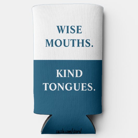 「おもしろい賢い口だ親切な舌だ。」 青と白 スリム缶クーラー (正面)