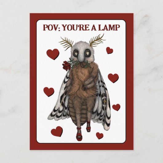 おもしろい赤いロマンチックな蛾のランプに飛びつく 記念日 ポストカード (正面)